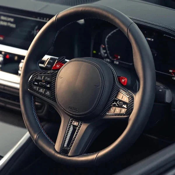 Vero Motorsport BMW 3 Series G20 G21 carbon fibre steering wheel trim, fitted view