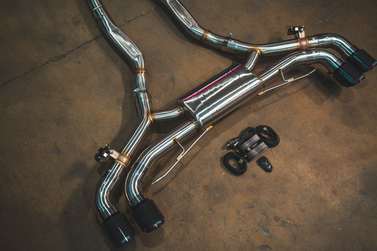 Valvetronic Designs valved exhaust for BMW X5M X6M F95 F96, rear fitment view