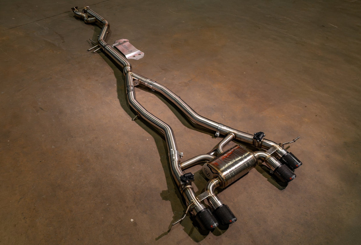 Valvetronic Designs valved exhaust for BMW G8x M3 M4, rear fitment view